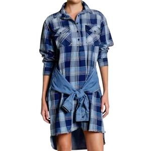 CURRENT ELLIOTT‎ The Twist Denim Hi- Lo Shirt Dress Indigo Plaid Boho Size1
